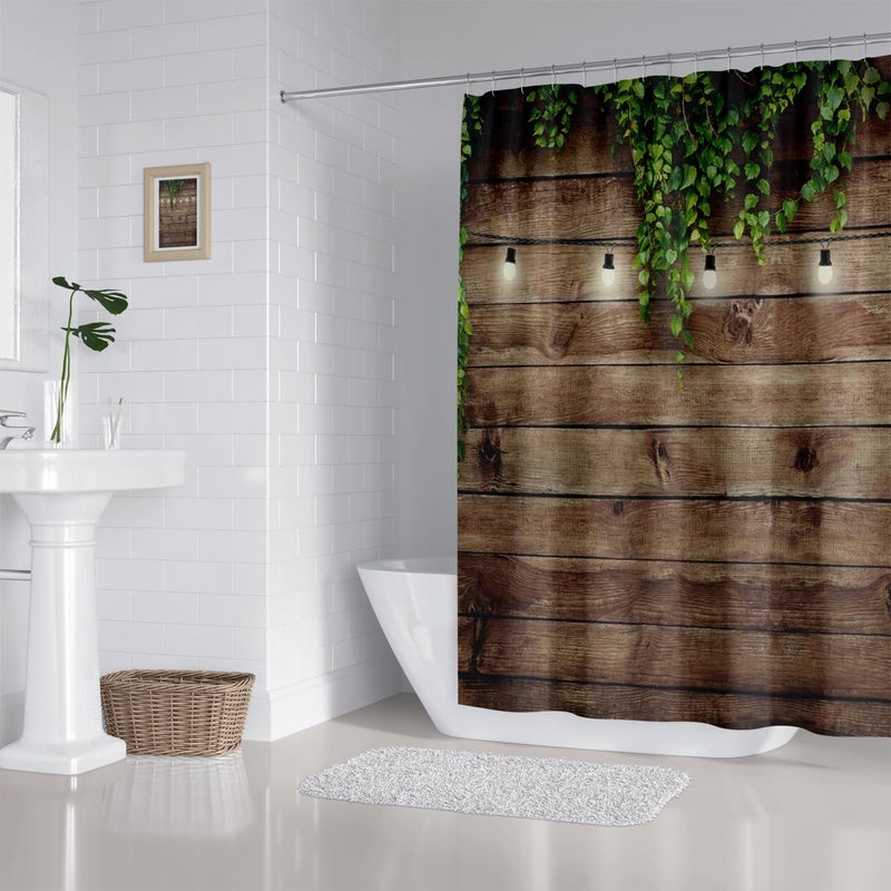 ZXMBF Rustic Wooden Board Shower Curtain Green Leaves on Vintage Wood Country Life Theme Grunge Planks Barn House Door Waterproof Fabric Bathroom Decor 72x72 Inch Plastic Hooks 12PCS Wood Board - Image 5